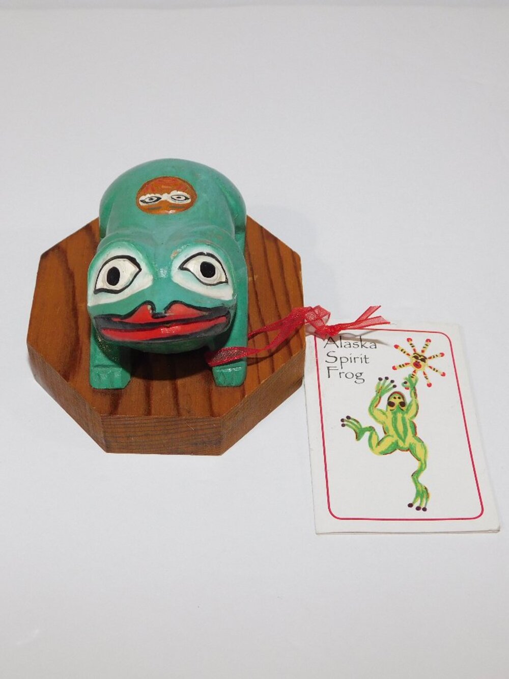 Alaska Spirt Frog Wood Hand Carved Painted signed VIC YEODA w Tag Happiness